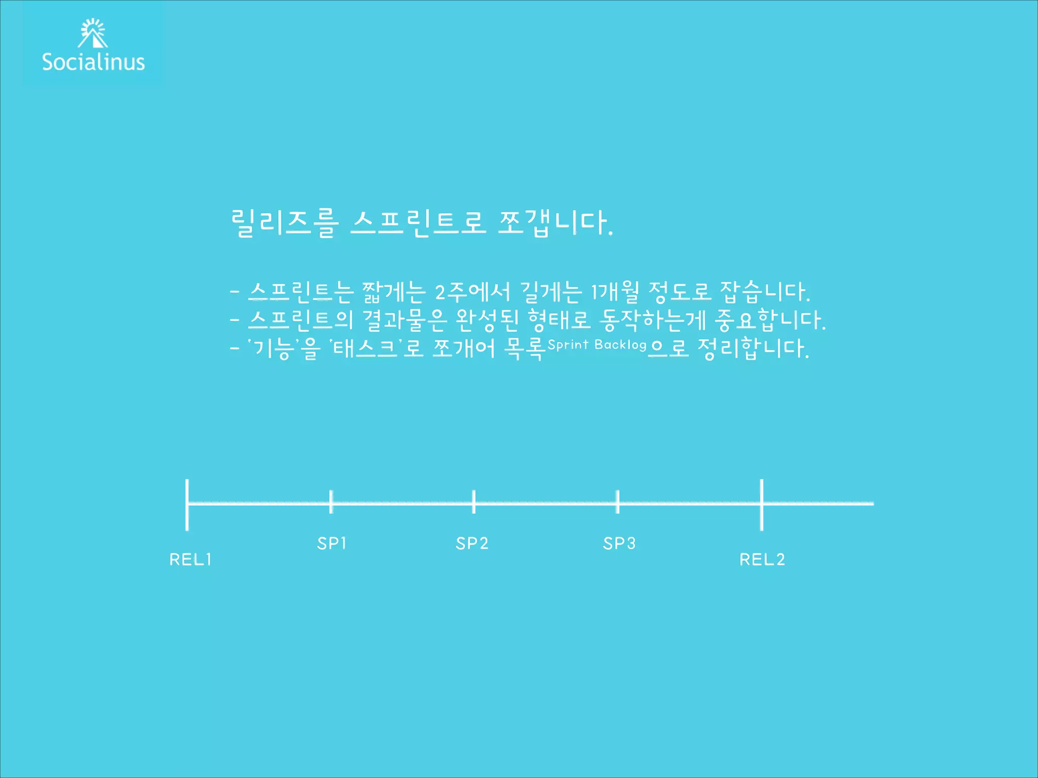 릴리즈를 스프린트로 쪼갭니다.
!

- 스프린트는 짧게는 2주에서 길게는 1개월 정도로 잡습니다.
- 스프린트의 결과물은 완성된 형태로 동작하는게 중요합니다.
- ‘기능’을 ‘태스크’로 쪼개어 목록Sprint Backlog으로 정리합니다.

REL1

SP1

SP2

SP3

REL2

 