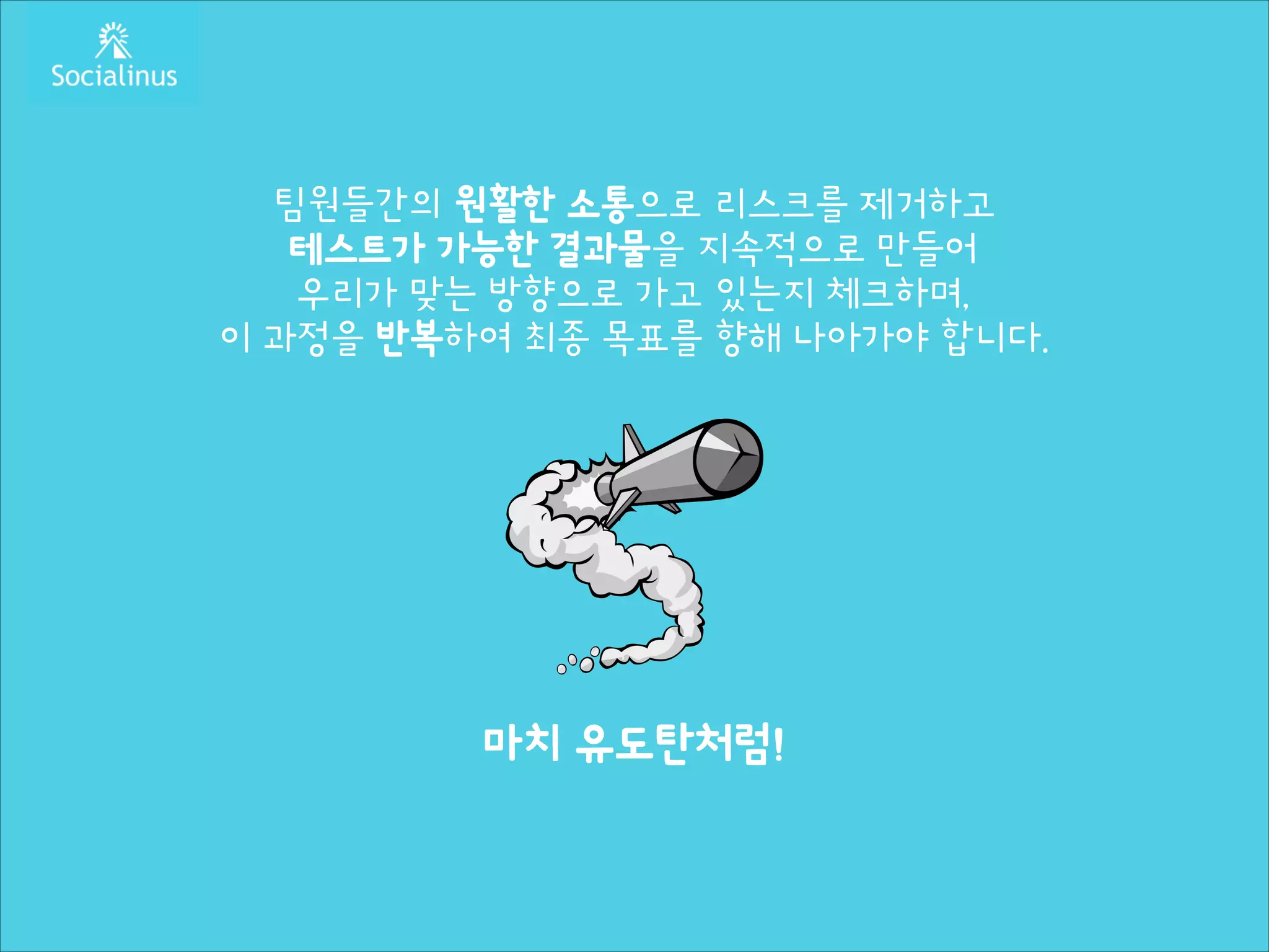 팀원들간의 원활한 소통으로 리스크를 제거하고
테스트가 가능한 결과물을 지속적으로 만들어
우리가 맞는 방향으로 가고 있는지 체크하며,
이 과정을 반복하여 최종 목표를 향해 나아가야 합니다.
!
!
!
!
!
!
!
!

마치 유도탄처럼!

 