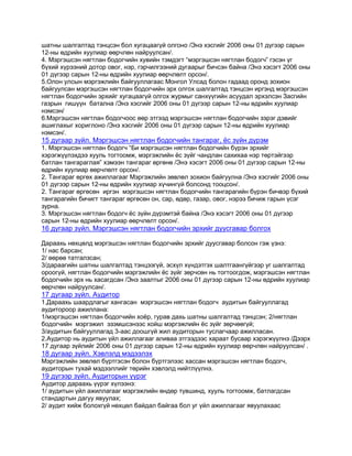 шатны шалгалтад тэнцсэн бол хугацаагүй олгоно /Энэ хэсгийг 2006 оны 01 дүгээр сарын
12-ны өдрийн хуулиар өөрчлөн найруулсан/.
4. Мэргэшсэн нягтлан бодогчийн хувийн тэмдэгт “мэргэшсэн нягтлан бодогч” гэсэн үг
бүхий хүрээний дотор овог, нэр, гэрчилгээний дугаарыг бичсэн байна /Энэ хэсэгт 2006 оны
01 дүгээр сарын 12-ны өдрийн хуулиар өөрчлөлт орсон/.
5.Олон улсын мэргэжлийн байгууллагаас Монгол Улсад болон гадаад оронд зохион
байгуулсан мэргэшсэн нягтлан бодогчийн эрх олгох шалгалтад тэнцсэн иргэнд мэргэшсэн
нягтлан бодогчийн эрхийг хугацаагүй олгох журмыг санхүүгийн асуудал эрхэлсэн Засгийн
газрын гишүүн батална /Энэ хэсгийг 2006 оны 01 дүгээр сарын 12-ны өдрийн хуулиар
нэмсэн/
6.Мэргэшсэн нягтлан бодогчоос өөр этгээд мэргэшсэн нягтлан бодогчийн зэрэг дэвийг
ашиглахыг хориглоно /Энэ хэсгийг 2006 оны 01 дүгээр сарын 12-ны өдрийн хуулиар
нэмсэн/.

15 дугаар зүйл. Мэргэшсэн нягтлан бодогчийн тангараг, ѐс зүйн дүрэм
1. Мэргэшсэн нягтлан бодогч “Би мэргэшсэн нягтлан бодогчийн бүрэн эрхийг
хэрэгжүүлэхдээ хууль тогтоомж, мэргэжлийн ѐс зүйг чандлан сахихаа нэр төртэйгээр
батлан тангараглая” хэмээн тангараг өргөнө /Энэ хэсэгт 2006 оны 01 дүгээр сарын 12-ны
өдрийн хуулиар өөрчлөлт орсон/.
2. Тангараг өргөх ажиллагааг Мэргэжлийн зөвлөл зохион байгуулна /Энэ хэсгийг 2006 оны
01 дүгээр сарын 12-ны өдрийн хуулиар хүчингүй болсонд тооцсон/.
2. Тангараг өргөсөн иргэн мэргэшсэн нягтлан бодогчийн тангарагийн бүрэн бичвэр бүхий
тангарагийн бичигт тангараг өргөсөн он, сар, өдөр, газар, овог, нэрээ бичиж гарын үсэг
зурна.
3. Мэргэшсэн нягтлан бодогч ѐс зүйн дүрэмтэй байна /Энэ хэсэгт 2006 оны 01 дүгээр
сарын 12-ны өдрийн хуулиар өөрчлөлт орсон/.

16 дугаар зүйл. Мэргэшсэн нягтлан бодогчийн эрхийг дуусгавар болгох
Дараахь нөхцөлд мэргэшсэн нягтлан бодогчийн эрхийг дуусгавар болсон гэж үзнэ:
1/ нас барсан;
2/ өөрөө татгалзсан;
3/дараагийн шатны шалгалтад тэнцээгүй, эсхүл хүндэтгэх шалтгаангүйгээр уг шалгалтад
ороогүй, нягтлан бодогчийн мэргэжлийн ѐс зүйг зөрчсөн нь тогтоогдож, мэргэшсэн нягтлан
бодогчийн эрх нь хасагдсан /Энэ заалтыг 2006 оны 01 дүгээр сарын 12-ны өдрийн хуулиар
өөрчлөн найруулсан/.

17 дугаар зүйл. Аудитор
1.Дараахь шаардлагыг хангасан мэргэшсэн нягтлан бодогч аудитын байгууллагад
аудитороор ажиллана:
1/мэргэшсэн нягтлан бодогчийн хоѐр, гурав дахь шатны шалгалтад тэнцсэн; 2/нягтлан
бодогчийн мэргэжил эзэмшсэнээс хойш мэргэжлийн ѐс зүйг зөрчөөгүй;
3/аудитын байгууллагад 3-аас доошгүй жил аудиторын туслагчаар ажилласан.
2.Аудитор нь аудитын үйл ажиллагааг аливаа этгээдээс хараат бусаар хэрэгжүүлнэ /Дээрх
17 дугаар зүйлийг 2006 оны 01 дүгээр сарын 12-ны өдрийн хуулиар өөрчлөн найруулсан/ .

18 дугаар зүйл. Хэвлэлд мэдээлэх
Мэргэжлийн зөвлөл бүртгэсэн болон бүртгэлээс хассан мэргэшсэн нягтлан бодогч,
аудиторын тухай мэдээллийг төрийн хэвлэлд нийтлүүлнэ.

19 дүгээр зүйл. Аудиторын үүрэг
Аудитор дараахь үүрэг хүлээнэ:
1/ аудитын үйл ажиллагааг мэргэжлийн өндөр түвшинд, хууль тогтоомж, батлагдсан
стандартын дагуу явуулах;
2/ аудит хийж болохгүй нөхцөл байдал байгаа бол уг үйл ажиллагааг явуулахаас

 