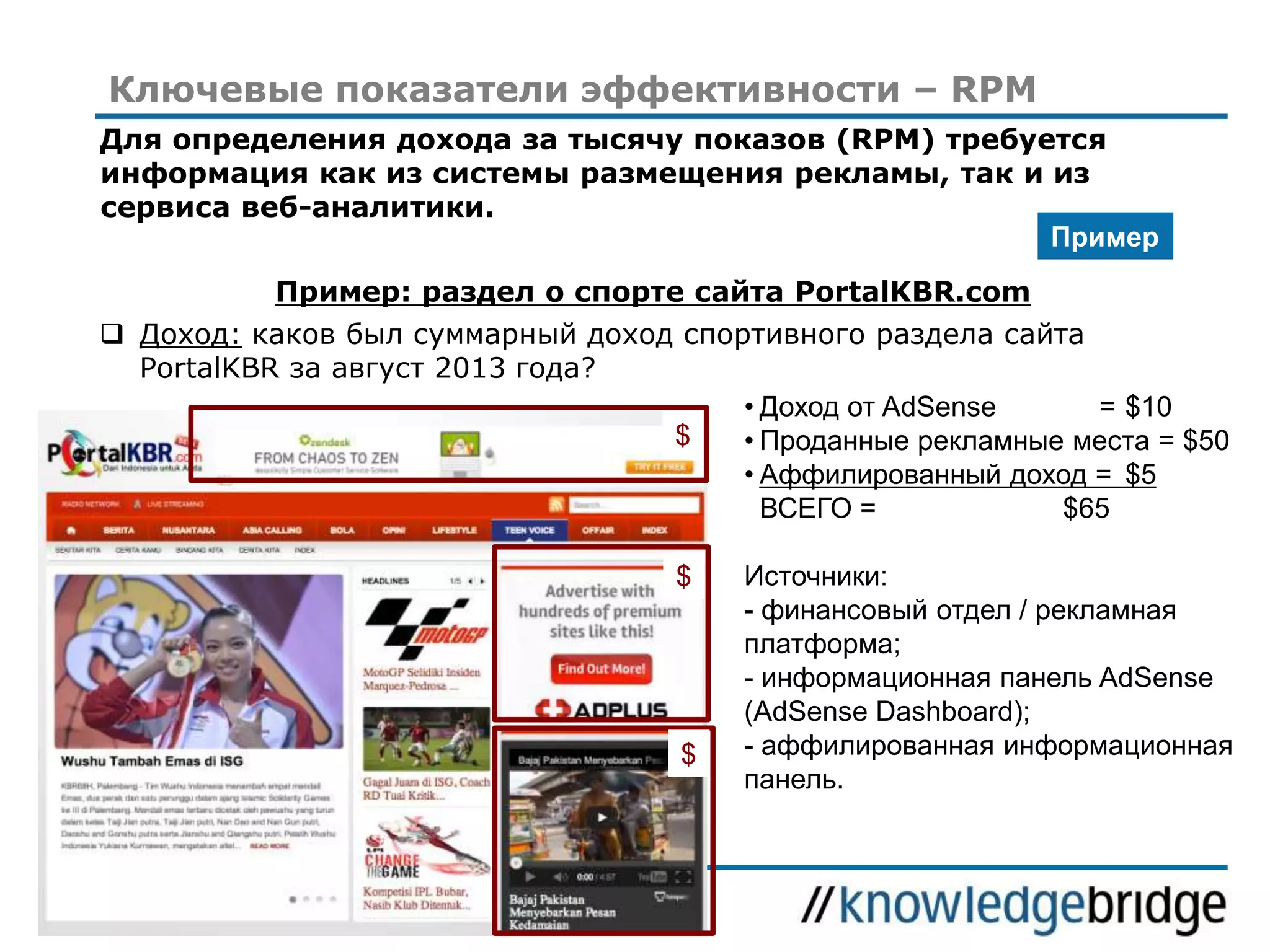 Ключевые показатели эффективности – RPM
Для определения дохода за тысячу показов (RPM) требуется
информация как из системы размещения рекламы, так и из
сервиса веб-аналитики.
Пример
Пример: раздел о спорте сайта PortalKBR.com
 Доход: каков был суммарный доход спортивного раздела сайта
PortalKBR за август 2013 года?
• Доход от AdSense
= $10
$
• Проданные рекламные места = $50
• Аффилированный доход = $5
ВСЕГО =
$65
$

$

19

Источники:
- финансовый отдел / рекламная
платформа;
- информационная панель AdSense
(AdSense Dashboard);
- аффилированная информационная
панель.

 