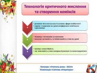 *
*
*

• розвиває інтелектуальну й духовну сфери особистості
• сприяє створенню на уроці комфортного освітнього
середовища

• підвищує мотивацію до навчання
• посилює активність та ініціативність учня на уроці

• виховує самостійність
• дає можливість учню самореалізуватися та самоствердитися

 