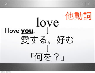 love
I love you.

他動詞

愛する、好む
「何を？」
13年11月1日金曜日

 