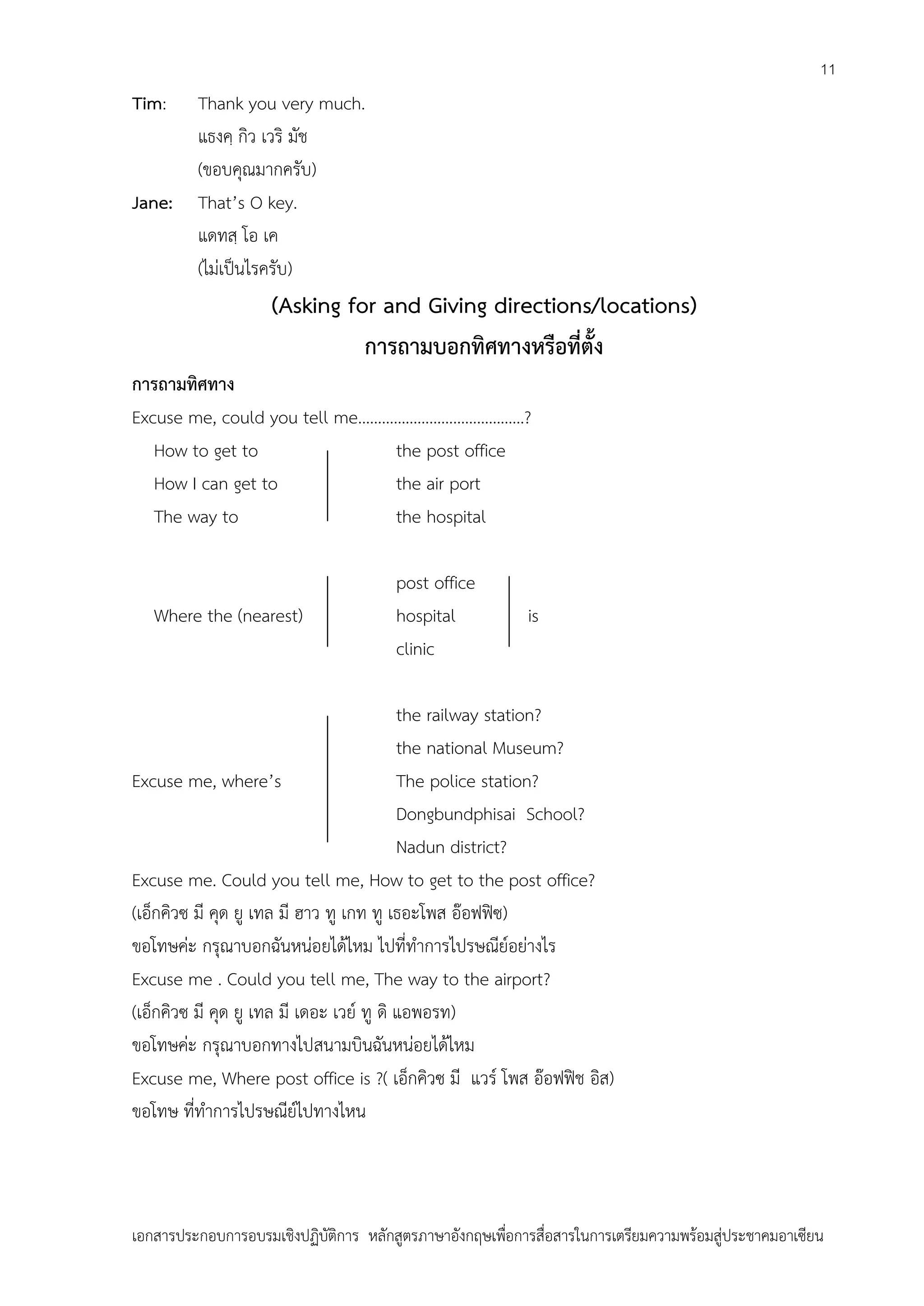 11

Tim:

Jane:

Thank you very much.
แธงคฺ กิว เวริ มัช
(ขอบคุณมากครับ)
That’s O key.
แดทสฺ โอ เค
(ไม่เป็นไรครับ)

(Asking for and Giving directions/locations)
การถามบอกทิศทางหรือที่ตั้ง
การถามทิศทาง
Excuse me, could you tell me……………………………………?
How to get to
the post office
How I can get to
the air port
The way to
the hospital

Where the (nearest)

post office
hospital
clinic

is

the railway station?
the national Museum?
Excuse me, where’s
The police station?
Dongbundphisai School?
Nadun district?
Excuse me. Could you tell me, How to get to the post office?
(เอ็กคิวซ มี คุด ยู เทล มี ฮาว ทู เกท ทู เธอะโพส อ๊อฟฟิซ)
ขอโทษค่ะ กรุณาบอกฉันหน่อยได้ไหม ไปที่ทาการไปรษณีย์อย่างไร
Excuse me . Could you tell me, The way to the airport?
(เอ็กคิวซ มี คุด ยู เทล มี เดอะ เวย์ ทู ดิ แอพอรท)
ขอโทษค่ะ กรุณาบอกทางไปสนามบินฉันหน่อยได้ไหม
Excuse me, Where post office is ?( เอ็กคิวซ มี แวร์ โพส อ๊อฟฟิช อิส)
ขอโทษ ที่ทาการไปรษณีย์ไปทางไหน

เอกสารประกอบการอบรมเชิงปฏิบัติการ หลักสูตรภาษาอังกฤษเพือการสื่อสารในการเตรียมความพร้อมสู่ประชาคมอาเซียน
่

 