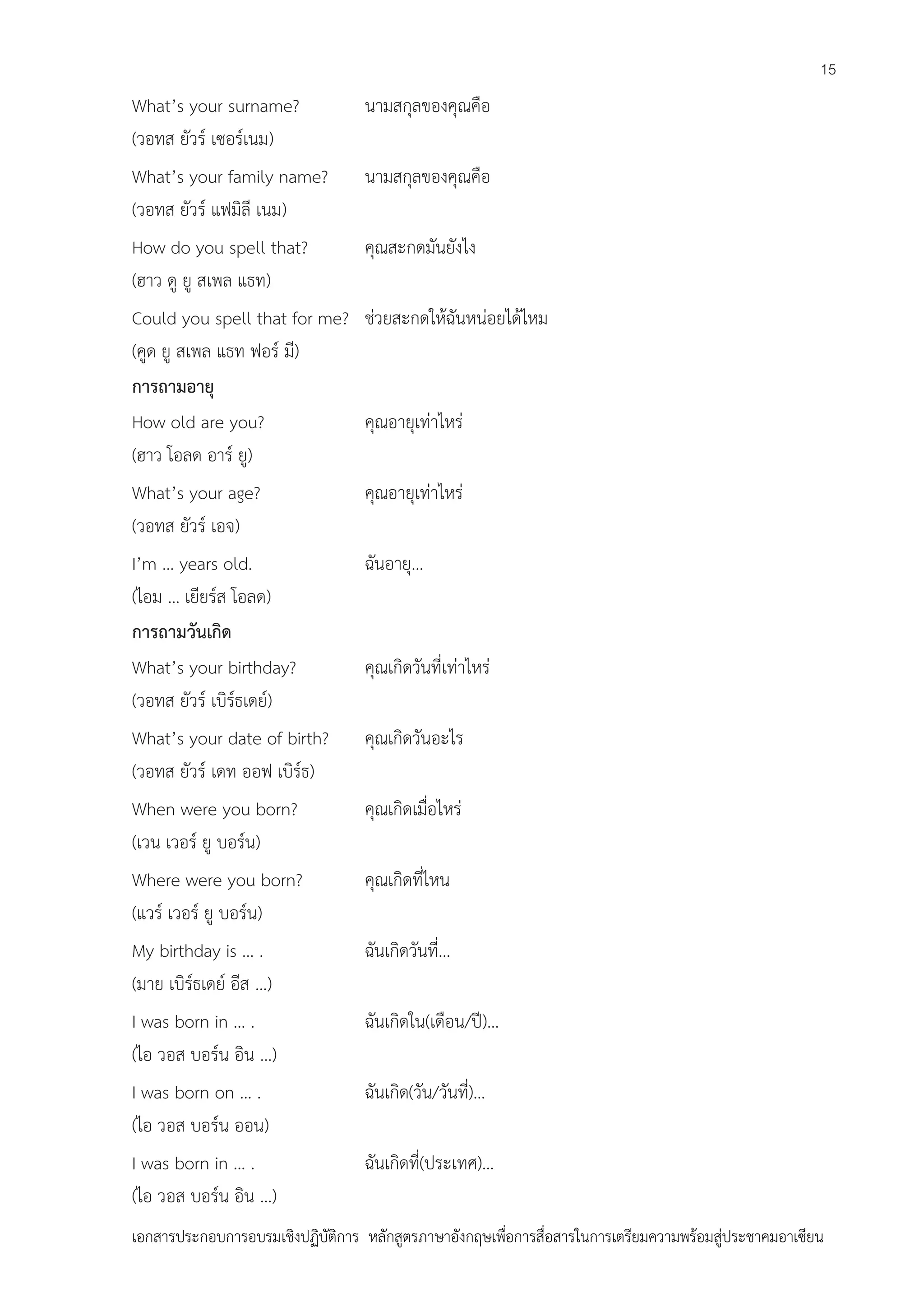 15

What’s your surname?
(วอทส ยัวร์ เซอร์เนม)

นามสกุลของคุณคือ

What’s your family name?
(วอทส ยัวร์ แฟมิลี เนม)

นามสกุลของคุณคือ

How do you spell that?
(ฮาว ดู ยู สเพล แธท)

คุณสะกดมันยังไง

Could you spell that for me? ช่วยสะกดให้ฉันหน่อยได้ไหม
(คูด ยู สเพล แธท ฟอร์ มี)
การถามอายุ
How old are you?
คุณอายุเท่าไหร่
(ฮาว โอลด อาร์ ยู)
What’s your age?
(วอทส ยัวร์ เอจ)

คุณอายุเท่าไหร่

I’m … years old.
(ไอม … เยียร์ส โอลด)
การถามวันเกิด
What’s your birthday?
(วอทส ยัวร์ เบิร์ธเดย์)

ฉันอายุ…

What’s your date of birth?
(วอทส ยัวร์ เดท ออฟ เบิร์ธ)

คุณเกิดวันอะไร

When were you born?
(เวน เวอร์ ยู บอร์น)

คุณเกิดเมื่อไหร่

Where were you born?
(แวร์ เวอร์ ยู บอร์น)

คุณเกิดที่ไหน

My birthday is … .
(มาย เบิร์ธเดย์ อีส …)

ฉันเกิดวันที่…

I was born in … .
(ไอ วอส บอร์น อิน …)

ฉันเกิดใน(เดือน/ปี)…

I was born on … .
(ไอ วอส บอร์น ออน)

ฉันเกิด(วัน/วันที่)…

I was born in … .
(ไอ วอส บอร์น อิน …)

ฉันเกิดที่(ประเทศ)…

คุณเกิดวันที่เท่าไหร่

เอกสารประกอบการอบรมเชิงปฏิบัติการ หลักสูตรภาษาอังกฤษเพือการสื่อสารในการเตรียมความพร้อมสู่ประชาคมอาเซียน
่

 