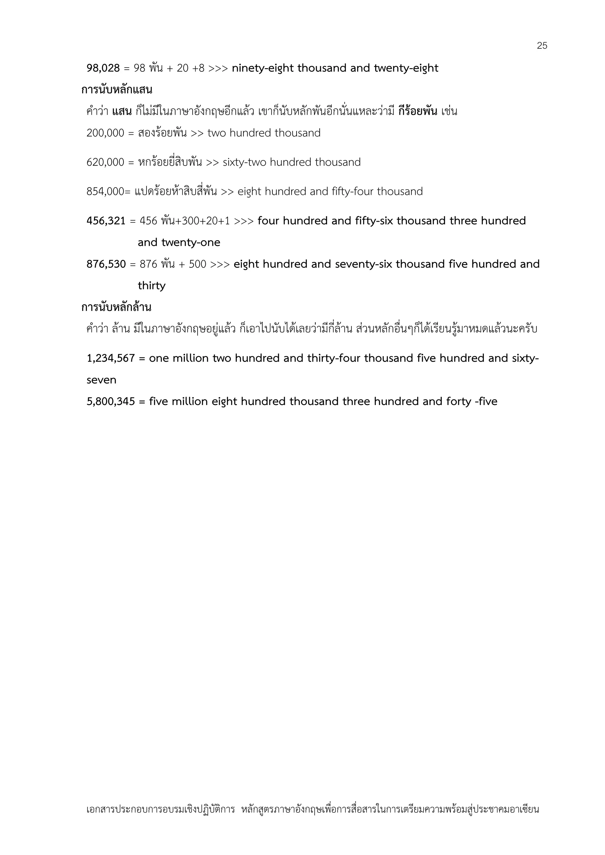 25

98,028 = 98 พัน + 20 +8 >>> ninety-eight thousand and twenty-eight
การนับหลักแสน
คาว่า แสน ก็ไม่มีในภาษาอังกฤษอีกแล้ว เขาก็นับหลักพันอีกนั่นแหละว่ามี กีร้อยพัน เช่น
200,000 = สองร้อยพัน >> two hundred thousand
620,000 = หกร้อยยี่สิบพัน >> sixty-two hundred thousand
854,000= แปดร้อยห้าสิบสี่พัน >> eight hundred and fifty-four thousand
456,321 = 456 พัน+300+20+1 >>> four hundred and fifty-six thousand three hundred
and twenty-one
876,530 = 876 พัน + 500 >>> eight hundred and seventy-six thousand five hundred and
thirty
การนับหลักล้าน
คาว่า ล้าน มีในภาษาอังกฤษอยู่แล้ว ก็เอาไปนับได้เลยว่ามีกี่ล้าน ส่วนหลักอื่นๆก็ได้เรียนรู้มาหมดแล้วนะครับ
1,234,567 = one million two hundred and thirty-four thousand five hundred and sixtyseven
5,800,345 = five million eight hundred thousand three hundred and forty -five

เอกสารประกอบการอบรมเชิงปฏิบัติการ หลักสูตรภาษาอังกฤษเพือการสื่อสารในการเตรียมความพร้อมสู่ประชาคมอาเซียน
่

 