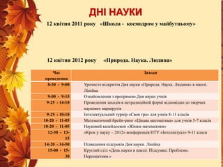 ДНІ НАУКИ
12 квітня 2011 року «Школа - космодром у майбутньому»

12 квітня 2012 року
Час
проведення
8-30 - 9-00
9-00 - 9-15
9-25 - 14-10
9-25 - 10-10
10-20 - 11-05
10-20 - 11-05
12-30 - 1315
14-20 - 14-50
15-00 - 1530

«Природа. Наука. Людина»
Заходи

Урочисте відкриття Дня науки «Природа. Наука. Людина» в школі.
Лінійка
Ознайомлення з програмою Дня науки учнів
Проведення заходів в нетрадиційній формі відповідно до творчих
наукових маршрутів
Інтелектуальний турнір «Своя гра» для учнів 8-11 класів
Математичний брейн-ринг «Цікава математика» для учнів 5-7 класів
Науковий калейдоскоп «Жінки-математики»
«Крок у науку – 2012» конференція НТУ «Інтелектуал» 9-11 класи
Підведення підсумків Дня науки. Лінійка
Круглий стіл «День науки в школі. Підсумки. Проблеми.
Перспективи.»

 