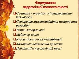 Формування
педагогічної компетентності

Семінари - тренінги з інтерактивних
технологій
Створення мультимедійних методичних
розробок
Творчі лабораторії
Майстер-класи
Курси підвищення кваліфікації
Авторські педагогічні проекти
Публікації в педагогічній пресі

 