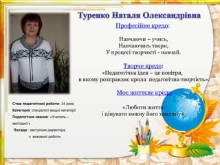  
Професійне кредо:
Навчаючи – учись,
Навчаючись твори,
У процесі творчості - навчай.

Творче кредо:
«Педагогічна ідея – це повітря,
в якому розправляє крила педагогічна творчість».

Моє життєве кредо:
Стаж педагогічної роботи: 34 роки
Категорія: спеціаліст вищої категорії
Педагогічне звання: «Учитель –
методист»
Посада : заcтупник директора
з виховної роботи

«Любити життя
і цінувати кожну його хвилину»

 