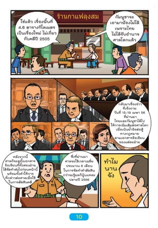 กัมพูชาจะ
เอามาฟ้องไม่ได้
เพราะไทย
ไม่ได้รับอำานาจ
ศาลโลกแล้ว

ใช่แล้ว เรื่องพื้นที่
4.6 ตารางกิโลเมตร
เป็นเรื่องใหม่ ไม่เกี่ยว
กับคดีปี 2505

กลับมาเรื่องข่าว
ที่เอ็งถาม
วันที่ 15-19 เมษา 56
ที่ผ่านมา
ไทยและกัมพูชาได้ไป
ให้การเพิ่มเติมต่อศาลโลก
เพื่อเน้นยำ้าข้อต่อสู้
ทางกฎหมาย
ตามเอกสารข้อเขียน
ของแต่ละฝ่าย
หลังจากนี้
ศาลก็จะดูทั้งเอกสาร
ข้อเขียนที่ทั้งสองฝ่าย
ได้จดทำาส่งไปก่อนหน้านี้
ั
พร้อมทั้งคำาให้การ
ที่กล่าวต่อศาลเพื่อใช้
ในการตัดสินคดี

ซึ่งที่ผ่านมา
ศาลจะใช้เวลาเฉลี่ย
ประมาณ 6 เดือน
ในการจัดทำาคำาตัดสิน
กว่าจะรู้ผลก็นู้นแหละ
ปลายปี 2556

10

ทำาไม
นาน
จัง

 