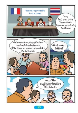 ข้อตกลงกรุงวอชิงตัน
ปี พ.ศ. 2489

ซึ่งมีผลยกเลิกอนุสัญญาโตเกียว
และไทยจึงต้องคืนดินแดน
ที่ได้มาในระหว่างสงครามโลกครั้งที่ 2
ให้แก่ฝรั่งเศสไป

ใช่ ๆ
ในปี พ.ศ. 2489
ไทยเราจัดทำา
ข้อตกลงกรุงวอชิงตัน
กับฝรั่งเศส

เอ็งช่วยสรุป
ให้ข้าที

สรุปก็คือ
อนุสัญญาโตเกียว
ใช้ไม่ได้แล้ว

25

 