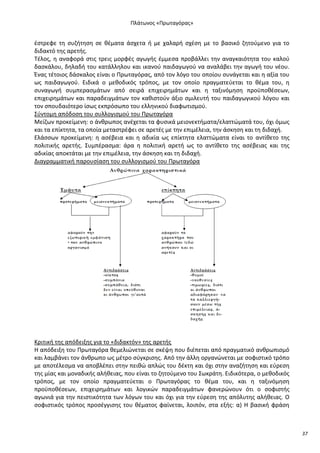 Ρλάτωνοσ «Ρρωταγόρασ»

ζςτρεφε τθ ςυηιτθςθ ςε κζματα άςχετα ι με χαλαρι ςχζςθ με το βαςικό ηθτοφμενο για το
διδακτό τθσ αρετισ.
Τζλοσ, θ αναφορά ςτισ τρεισ μορφζσ αγωγισ ζμμεςα προβάλλει τθν αναγκαιότθτα του καλοφ
δαςκάλου, δθλαδι του κατάλλθλου και ικανοφ παιδαγωγοφ να αναλάβει τθν αγωγι του νζου.
Ζνασ τζτοιοσ δάςκαλοσ είναι ο Ρρωταγόρασ, από τον λόγο του οποίου ςυνάγεται και θ αξία του
ωσ παιδαγωγοφ. Ειδικά ο μεκοδικόσ τρόποσ, με τον οποίο πραγματεφεται το κζμα του, θ
ςυναγωγι ςυμπεραςμάτων από ςειρά επιχειρθμάτων και θ ταξινόμθςθ προχποκζςεων,
επιχειρθμάτων και παραδειγμάτων τον κακιςτοφν άξιο ςμιλευτι του παιδαγωγικοφ λόγου και
τον ςπουδαιότερο ίςωσ εκπρόςωπο του ελλθνικοφ διαφωτιςμοφ.
Σφντομθ απόδοςθ του ςυλλογιςμοφ του Ρρωταγόρα
Μείηων προκείμενθ: ο άνκρωποσ ανζχεται τα φυςικά μειονεκτιματα/ελαττϊματά του, όχι όμωσ
και τα επίκτθτα, τα οποία μεταςτρζφει ςε αρετζσ με τθν επιμζλεια, τθν άςκθςθ και τθ διδαχι.
Ελάςςων προκείμενθ: θ αςζβεια και θ αδικία ωσ επίκτθτα ελαττϊματα είναι το αντίκετο τθσ
πολιτικισ αρετισ. Συμπζραςμα: άρα θ πολιτικι αρετι ωσ το αντίκετο τθσ αςζβειασ και τθσ
αδικίασ αποκτάται με τθν επιμζλεια, τθν άςκθςθ και τθ διδαχι.
Διαγραμματικι παρουςίαςθ του ςυλλογιςμοφ του Ρρωταγόρα

Κριτικι τθσ απόδειξθσ για το «διδακτόν» τθσ αρετισ
Θ απόδειξθ του Ρρωταγόρα κεμελιϊνεται ςε ςκζψθ που διζπεται από πραγματικό ανκρωπιςμό
και λαμβάνει τον άνκρωπο ωσ μζτρο ςφγκριςθσ. Από τθν άλλθ οργανϊνεται με ςοφιςτικό τρόπο
με αποτζλεςμα να αποβλζπει ςτθν πεικϊ απλϊσ του δζκτθ και όχι ςτθν αναηιτθςθ και εφρεςθ
τθσ μίασ και μοναδικισ αλικειασ, που είναι το ηθτοφμενο του Σωκράτθ. Ειδικότερα, ο μεκοδικόσ
τρόποσ, με τον οποίο πραγματεφεται ο Ρρωταγόρασ το κζμα του, και θ ταξινόμθςθ
προχποκζςεων, επιχειρθμάτων και λογικϊν παραδειγμάτων φανερϊνουν ότι ο ςοφιςτισ
αγωνιά για τθν πειςτικότθτα των λόγων του και όχι για τθν εφρεςθ τθσ απόλυτθσ αλικειασ. Ο
ςοφιςτικόσ τρόποσ προςζγγιςθσ του κζματοσ φαίνεται, λοιπόν, ςτα εξισ: α) Θ βαςικι φράςθ

37

 