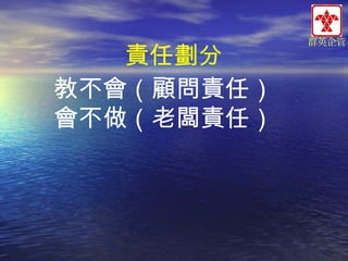 責任劃分
教不會（顧問責任）
會不做（老闆責任）

群英企管

 