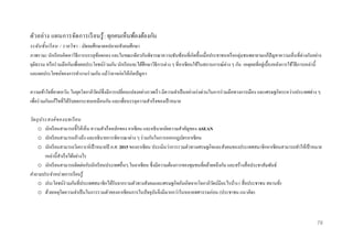 ตัว อย่า ง แผนการจัด การเรี ย นรู้ : ทุกคนเห็นพ้องต้องกัน
ระดั บ ชั้ น เรี ยน / รายวิ ช า : มัธยมศึกษาตอปลาย/สังคมศึกษา
ภาพรวม: นักเรี ยนคิดหาวิธีการบรรลุขอตกลง และในขณะเดียวกันพิจารณาความซับซ้อนที่เกิดขึ้นเมื่อประชาชนหรื อกลุ่มชนพยายามแก้ปัญหาความเห็นที่ต่างกันอย่าง
้
ยุติธรรม หรื อร่ วมมือกันเพื่อผลประโยชน์ร่วมกัน นักเรี ยนจะได้ศึกษาวิธีการต่าง ๆ ที่อาเซียนใช้ในสถานการณ์ต่าง ๆ กัน เหตุผลที่อยูเ่ บื้องหลังการใช้วธีการเหล่านี้
ิ
่
และผลประโยชน์ของการทางานร่ วมกัน แม้วาอาจก่อให้เกิดปัญหา
ความเข้ าใจที่คาดหวัง: ในยุคโลกาภิวตน์ซ่ ึ งมีการเปลี่ยนแปลงอย่างรวดเร็ ว มีความจาเป็ นอย่างเร่ งด่วนในการร่ วมมือทางการเมือง และเศรษฐกิจระหว่างประเทศต่าง ๆ
ั
เพื่อร่ วมกันแก้ไขที่ได้รับผลกระทบเหมือนกัน และเพื่อบรรลุความสาเร็ จของเป้ าหมาย
วั ต ถุ ป ระสงค์ ข องบทเรี ยน
o นักเรี ยนสามารถชี้ให้เห็น ความสาเร็ จหลักของ อาเซียน และอธิบายนัยความสาคัญของ ASEAN
o นักเรี ยนสามารถอ้างถึง และอธิ บายการพิจารณาต่าง ๆ ร่ วมกันในการออกกฎบัตรอาเซี ยน
o นักเรี ยนสามารถวิเคราะห์เป้ าหมายปี ค.ศ. 2015 ของอาเซียน ประเมินว่าการรวมตัวทางเศรษฐกิจและสังคมของประเทศสมาชิกอาเซียนสามารถทาให้เป้ าหมาย
เหล่านี้สาเร็ จได้อย่างไร
o นักเรี ยนสามารถติดต่อกับนักเรี ยนประเทศอื่นๆ ในอาเซียน ซึ่ งมีความต้องการของชุมชนที่คล้ายคลึงกัน และสร้างสื่ อประชาสัมพันธ์
คาถามประจาหน่ วยการเรี ยนรู้
o ประโยชน์ร่วมกันที่ประเทศสมาชิกได้รับจากรวมตัวทางสังคมและเศรษฐกิจอันเกิดจากโลกาภิวตน์มีอะไรบ้าง ( สื่ อประชาชน สถานที่)
ั
o ด้วยเหตุใดความจาเป็ นในการรวมตัวของอาเซียนการในปั จจุบนจึงมีมากกว่าในหลายทศวรรษก่อน (ประชาชน แนวคิด)
ั

78

 