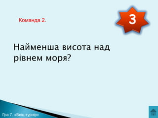 Команда 2.

Найменша висота над
рівнем моря?

Гра 7. «Бліц-турнір»

3

 