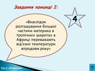 «Внаслідок
розташування більшої
частини материка в
тропічних широтах в
Африці переважають
від'ємні температури
впродовж року»

Гра 2. «Розминка»

4

 