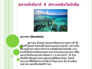 บูนาเคน (Bunaken)
บูนาเคน ตั้งอยู่ทางตอนเหนือของเกาะสุลาเวสี ซึ่ง
เป็นที่โปรดปรานของผู้รักท้องทะเลอย่างแท้จริง เพราะเป็น
บริเวณที่เหมาะกับการด้าน้้ามากที่สุดในอินโดนิเซีย เกาะ
แห่งนี้เป็นส่วนหนึ่งของอุทยานทางทะเลของบูนาเคน ที่ซึ่ง
คุณจะได้เห็นเหล่าปลาชนิดต่าง ๆ มากมายกว่า 70 สาย
พันธ์ที่อาศัยอยู่ทางมหาสมุทรแปซิฟิคตะวันตก โดยที่
ช่วงเวลาที่ดีที่สุดในการไปด้าน้้าที่บนาเคน คือ ช่วงเดือน
ู
เมษายน และเดือนพฤศจิกายน

 