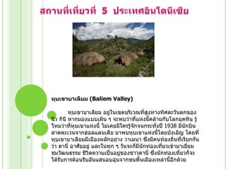 หุบเขาบาเลียม (Baliem Valley)
หุบเขาบาเลียม อยู่ในเขตบริเวณที่สูงทางทิศตะวันตกของ
นิว กินี หากมองแบบเผิน ๆ จะพบว่าที่แห่งนี้คล้ายกับโลกยุคหิน รู้
ไหมว่าที่หุบเขาแห่งนี้ ไม่เคยมีใครรู้จักจนกระทั่งปี 1938 มีนักบิน
ลาดตะเวนจากฮอลแลนเดีย มาพบหุบเขาแห่งนี้โดยบังเอิญ โดยที่
หุบเขาบาเลียมมีเมืองหลักอย่าง วาเมนา ซึ่งมีคนท้องถิ่นที่เรียกกัน
ว่า ดานี่ อาศัยอยู่ และในทุก ๆ วันจะก็มีนักท่องเที่ยวเข้ามาเยี่ยม
ชมวัฒนธรรม ชีวิตความเป็นอยู่ของชาวดานี่ ซึ่งนักท่องเที่ยวก็จะ
ได้รับการต้อนรับอันแสนอบอุ่นจากชนพื้นเมืองเหล่านี้อีกด้วย

 