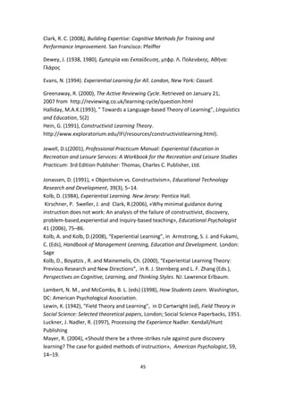 Clark, R. C. (2008), Building Expertise: Cognitive Methods for Training and
Performance Improvement. San Francisco: Pfeiffer
Dewey, J. (1938, 1980), Εμπειρία και Εκπαίδευση, μτφρ. Λ. Πολενάκης. Αθήνα:
Γλάρος
Evans, N. (1994). Experiential Learning for All. London, New York: Cassell.
Greenaway, R. (2000), The Active Reviewing Cycle. Retrieved on January 21,
2007 from http://reviewing.co.uk/learning-cycle/question.html
Halliday, M.A.K.(1993), " Towards a Language-based Theory of Learning", Linguistics
and Education, 5(2)
Hein, G. (1991), Constructivist Learning Theory.
http://www.exploratorium.edu/IFI/resources/constructivistlearning.html).
Jewell, D.L(2001), Professional Practicum Manual: Experiential Education in
Recreation and Leisure Services: A Workbook for the Recreation and Leisure Studies
Practicum: 3rd Edition Publisher: Thomas, Charles C. Publisher, Ltd.
Jonassen, D. (1991), « Objectivism vs. Constructivism», Educational Technology
Research and Development, 39(3), 5–14.
Kolb, D. (1984), Experiential Learning. New Jersey: Pentice Hall.
Kirschner, P. Sweller, J. and Clark, R.(2006), «Why minimal guidance during
instruction does not work: An analysis of the failure of constructivist, discovery,
problem-based,experiential and inquiry-based teaching», Educational Psychologist
41 (2006), 75–86.
Kolb, A. and Kolb, D.(2008), “Experiential Learning”, in Armstrong, S. J. and Fukami,
C. (Eds), Handbook of Management Learning, Education and Development. London:
Sage
Kolb, D., Boyatzis , R. and Mainemelis, Ch. (2000), “Experiential Learning Theory:
Previous Research and New Directions”, in R. J. Sternberg and L. F. Zhang (Eds.),
Perspectives on Cognitive, Learning, and Thinking Styles. NJ: Lawrence Erlbaum.
Lambert, N. M., and McCombs, B. L. (eds) (1998), How Students Learn. Washington,
DC: American Psychological Association.
Lewin, K. (1942), "Field Theory and Learning", in D Cartwright (ed), Field Theory in
Social Science: Selected theoretical papers, London; Social Science Paperbacks, 1951.
Luckner, J. Nadler, R. (1997), Processing the Experience Nadler. Kendall/Hunt
Publishing
Mayer, R. (2004), «Should there be a three-strikes rule against pure discovery
learning? The case for guided methods of instruction», American Psychologist, 59,
14–19.
45

 