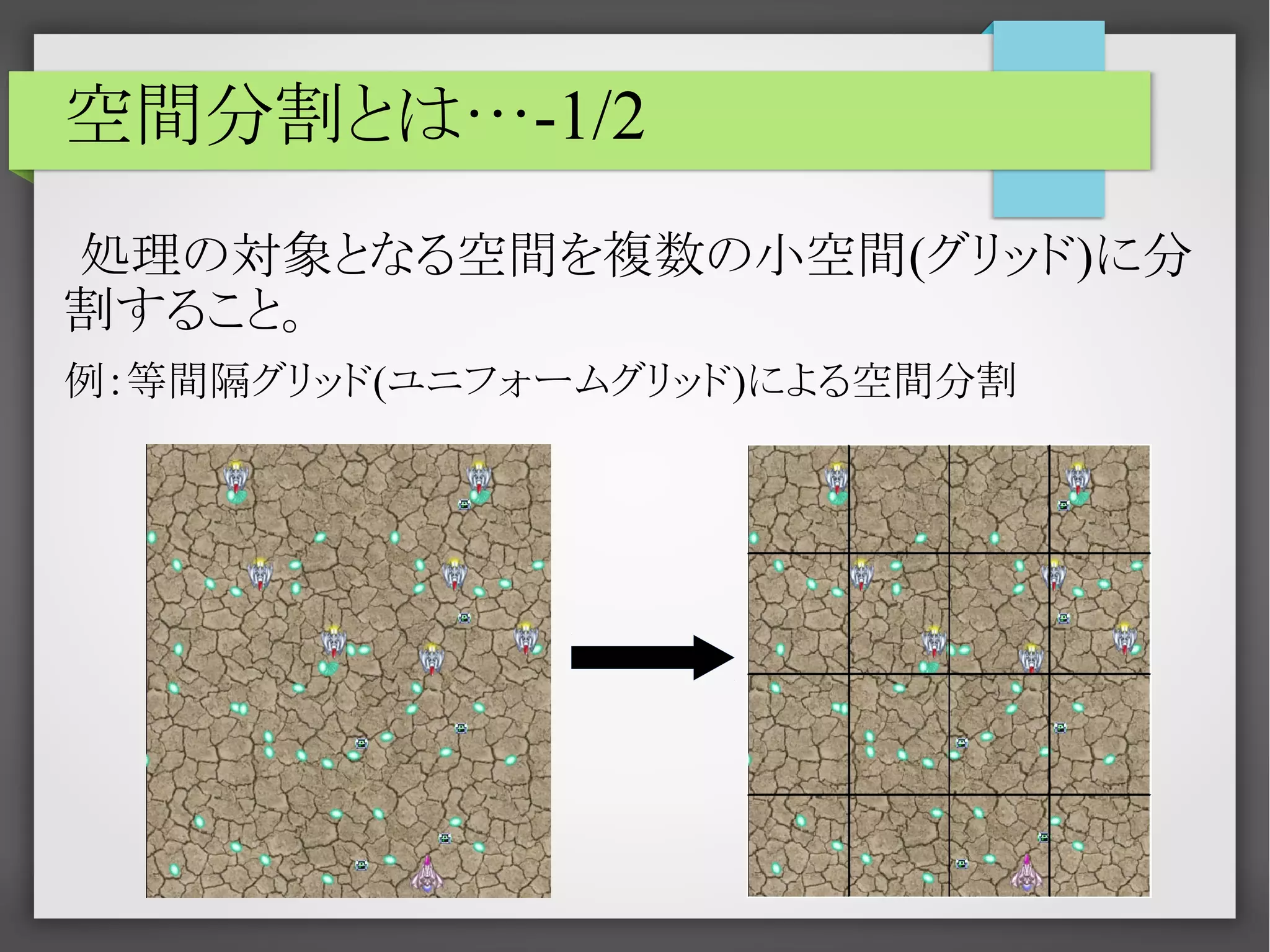 空間分割とは…-1/2
処理の対象となる空間を複数の小空間(グリッド)に分
割すること。
例：等間隔グリッド(ユニフォームグリッド)による空間分割

 