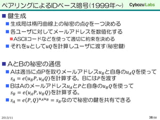 ペアリングによるIDベース暗号
 鍵共有方法(1999年～)
 鍵生成
 各ユーザに対してメールアドレスを数値化する
ASCIIコードなどを使って適切に約束を決める

 生成局はアドレスから楕円曲線上の点へのハッシュ関数と整
数𝑠を一つ決める
 ID 𝑢に対して𝐾 𝑢 = 𝑠𝐻 𝑢 を計算しユーザに渡す(秘密鍵)

 AとBの秘密の通信
 AはBのメールアドレス𝑢 𝐵 と自身の𝐾 𝐴 を使って
𝑠 𝐴 = 𝑒 𝐾 𝐴 , 𝐻 𝑢 𝐵 を計算する。
 BはAのメールアドレス𝑢 𝐴 と自身の𝐾 𝐵 を使って
𝑠 𝐵 = 𝑒 𝐻 𝑢 𝐴 , 𝐾 𝐵 を計算する。
 𝑠𝐴 = 𝑒 𝐻 𝑢𝐴 , 𝐻 𝑢 𝐵
2013/11

𝑠

= 𝑠 𝐵 なので秘密の鍵を共有できる
38 /58

 