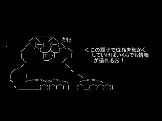 ＿＿＿_
／ ＼ ／＼ ｷﾘｯ
.
／ （ー） （ー）＼
／
⌒（__人__）⌒ ＼
＜ この調子で位相を細かく
|
|r┬-|
|
していけばいくらでも情報
＼
`ー‘´
／
が送れるお！
ノ
＼
／´
ヽ
|
ｌ
＼
ヽ
-一''''''"～～｀`'ー--､
-一'''''''ー-､.
ヽ ＿＿＿＿(⌒)(⌒)⌒) ) (⌒＿(⌒)⌒)⌒))

 