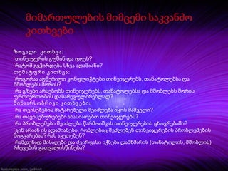 ზოგადი კითხვა:
თინეიჯერის გუშინ და დღეს?
რატომ გვჭირდება სხვა ადამიანი?
თემატური კითხვა :
როგორაა აღწერილი კონფლიქტები თინეიჯერებს, თანატოლებსა და
მშობლებს შორის?
რა გზები არსებობს თინეიჯერებს, თანატოლებსა და მშობლებს შორის
ურთიერთობის დასარეგულირებლად?
შინაარსობრივი კითხვები :
რა თვისებების მატარებელი შეიძლება იყოს მაშველი?
რა თავისებურებები ახასიათებთ თინეიჯერებს?
რა პრობლემები შეიძლება წარმოიშვას თინეიჯერების ცხოვრებაში?
ვინ არიან ის ადამიანები, რომლებიც შეძლებენ თინეიჯერების პრობლემების
მოგვარებას? რას აკეთებენ?
რამდენად მისაღები და ძვირფასი იქნება დამხმარის (თანატოლის, მშობლის)
რჩევების გათვალისწინება?

 