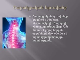 

Շարակցական հյուսվածքը
կազմում է կմախքը,
ենթամաշկային ճարպային
շերտը,արյունը,ավիշը: Այն
մտնում է բոլոր ներքին
օրգանների մեջ, օժտված է
արագ վերականգնվելու
հատկությամբ:

 