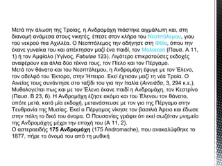 Μετά την άλωση της Τροίας, η Ανδρομάχη πιάστηκε αιχμάλωτη και, στη
διανομή ανάμεσα στους νικητές, έπεσε στον κλήρο του Νεοπτόλεμου, γιου
τού νεκρού πια Αχιλλέα. Ο Νεοπτόλεμος την οδήγησε στη Φθία, όπου την
έκανε γυναίκα του και απέκτησαν μαζί ένα παιδί, τον Μολοσσό (Παυσ. Α 11,
1) ή τον Αμφίαλο (Υγίνος, Fabulae 123). Λιγότερο επικρατούσες εκδοχές
αναφέρουν και άλλα δύο τέκνα τους, τον Πίελο και τον Πέργαμο.
Μετά τον θάνατο και του Νεοπτόλεμου, η Ανδρομάχη έφυγε με τον Έλενο,
τον αδελφό του Έκτορα, στην Ήπειρο. Εκεί έχτισαν μαζί τη νέα Τροία. Ο
Αινείας τους συνάντησε στο ταξίδι του για την Ιταλία (Αινειάδα, 3, 294 κ.ε.).
Μυθολογείται πως και με τον Έλενο έκανε παιδί η Ανδρομάχη, τον Κεστρίνο
(Παυσ. Β 23, 6). Η Ανδρομάχη έζησε ακόμα και του Έλενου τον θάνατο,
οπότε μετά, κατά μία εκδοχή, μετανάστευσε με τον γιο της Πέργαμο στην
Τευθρανία της Μυσίας. Εκεί ο Πέργαμος νίκησε τον βασιλιά Άρειο και έδωσε
στην πόλη το δικό του όνομα. Ο Παυσανίας γράφει ότι εκεί σωζόταν μνημείο
της Ανδρομάχης μέχρι την εποχή του (Α 11, 2).
Ο αστεροειδής 175 Ανδρομάχη (175 Andromache), που ανακαλύφθηκε το
1877, πήρε το όνομά του από τη μυθική

 