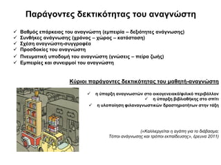 Παράγοντες δεκτικότητας του αναγνώστη







Βαθμός επάρκειας του αναγνώστη (εμπειρία – δεξιότητες ανάγνωσης)
Συνθήκες ανάγνωσης (χρόνος – χώρος – κατάσταση)
Σχέση αναγνώστη-συγγραφέα
Προσδοκίες του αναγνώστη
Πνευματική υποδομή του αναγνώστη (γνώσεις – πείρα ζωής)
Εμπειρίες και συνειρμοί του αναγνώστη

Κύριοι παράγοντες δεκτικότητας του μαθητή-αναγνώστη
η ύπαρξη αναγνωστών στο οικογενειακό/φιλικό περιβάλλον
 η ύπαρξη βιβλιοθήκης στο σπίτι
 η υλοποίηση φιλαναγνωστικών δραστηριοτήτων στην τάξη



(«Καλλιεργείται η αγάπη για το διάβασμα;
Τόποι ανάγνωσης και τρόποι εκπαίδευσης», έρευνα 2011)

 