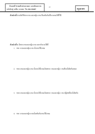 บ้ านเลขที่ 70 ซอยข้ างอาเภอ ซอย1 ถ.ตากสินมหาราช
ต.ท่าประดู่ อ.เมือง จ.ระยอง โทร. 084-1284087

21

ครู เสวตร

ตัวอย่ างที่ 3 จะจัดให้ชาย 4 คน และหญิง 4 คน ยืนสลับกันเป็ นวงกลมได้กี่วธี
ิ

ตัวอย่ างที่ 4 มีชาย 6 คนและหญิง 6 คน จงหาจานวนวิธีที่
1. ชาย 6 คนและหญิง 6 คน นังรอบโต๊ะกลม
่

2. ชาย 6 คนและหญิง 6 คน นังรอบโต๊ะกลมโดยชาย 1 คนและหญิง 1 คนต้องนังติดกันเสมอ
่
่

3. ชาย 6 คนและหญิง 6 คน นังรอบโต๊ะกลมโดยชาย 1 คนและหญิง 1 คน ปฏิเสธที่จะนังติดกัน
่
่

4. ชาย 6 คนและหญิง 6 คนนังสลับกันรอบโต๊ะกลม
่

 