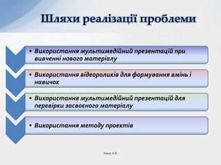 Шляхи реалізації проблеми
• Використання мультимедійний презентацій при
вивченні нового матеріалу
• Використання відеороликів для формування вмінь і
навичок
• Використання мультимедійний презентацій для
перевірки засвоєного матеріалу
• Використання методу проектів
Ханас Л.Я.
 