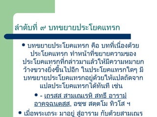ลำำดับที่ ๙ บทขยำยประโยคแทรก
 บทขยำยประโยคแทรก

คือ บทที่เนื่องด้วย
ประโยคแทรก ทำำหน้ำที่ขยำยควำมของ
ประโยคแทรกที่กล่ำวมำแล้วให้มีควำมหมำยก
ว้ำงขวำงยิ่งขึนไปอีก ในประโยคแทรกใดๆ มี
้
บทขยำยประโยคแทรกอยู่ด้วยให้แปลถัดจำก
แปลประโยคแทรกได้ทันที เช่น
 - เถรสฺส สำมเณเรหิ สทฺธึ อำรำมำ
อำคจฺฉนฺตสฺส, อชฺช สตฺตโม ทิวโส ฯ
 เมื่อพระเถระ มำอยู่ สู่อำรำม กับด้วยสำมเณร

 