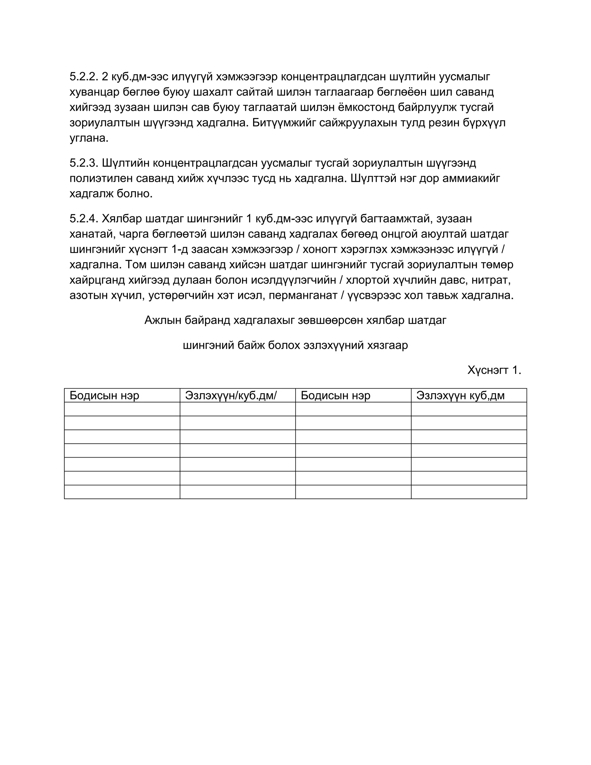 5.2.2. 2 куб.дм-ээс илүүгүй хэмжээгээр концентрацлагдсан шүлтийн уусмалыг
хуванцар бөглөө буюу шахалт сайтай шилэн таглаагаар бөглөѐөн шил саванд
хийгээд зузаан шилэн сав буюу таглаатай шилэн ѐмкостонд байрлуулж тусгай
зориулалтын шүүгээнд хадгална. Битүүмжийг сайжруулахын тулд резин бүрхүүл
углана.
5.2.3. Шүлтийн концентрацлагдсан уусмалыг тусгай зориулалтын шүүгээнд
полиэтилен саванд хийж хүчлээс тусд нь хадгална. Шүлттэй нэг дор аммиакийг
хадгалж болно.
5.2.4. Хялбар шатдаг шингэнийг 1 куб.дм-ээс илүүгүй багтаамжтай, зузаан
ханатай, чарга бөглөөтэй шилэн саванд хадгалах бөгөөд онцгой аюултай шатдаг
шингэнийг хүснэгт 1-д заасан хэмжээгээр / хоногт хэрэглэх хэмжээнээс илүүгүй /
хадгална. Том шилэн саванд хийсэн шатдаг шингэнийг тусгай зориулалтын төмөр
хайрцганд хийгээд дулаан болон исэлдүүлэгчийн / хлортой хүчлийн давс, нитрат,
азотын хүчил, устөрөгчийн хэт исэл, перманганат / үүсвэрээс хол тавьж хадгална.
Ажлын байранд хадгалахыг зөвшөөрсөн хялбар шатдаг
шингэний байж болох эзлэхүүний хязгаар
Хүснэгт 1.
Бодисын нэр

Эзлэхүүн/куб.дм/

Бодисын нэр

Эзлэхүүн куб,дм

 