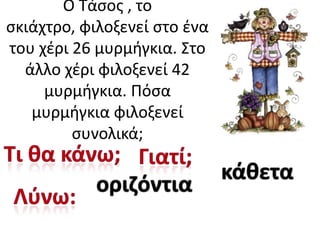 Ο Τάςοσ , το
ςκιάχτρο, φιλοξενεί ςτο ζνα
του χζρι 26 μυρμιγκια. Στο
άλλο χζρι φιλοξενεί 42
μυρμιγκια. Πόςα
μυρμιγκια φιλοξενεί
ςυνολικά;

οριηόντια

κάκετα

 