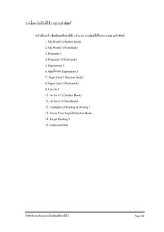 รายชื่อหนังสือที่ใชรวบรวมคําศัพท
หนังสือระดับชั้นมัธยมศึกษาปที่ 3 จํานวน 15 เลมที่ใชในการรวบรวมคําศัพท
1. My World 3 (Student Book)
2. My World 3 (Workbook)
3. Postcards 3
4. Postcards 3 (Workbook)
5. Expressions 3
6. แบบฝกหัด Expressions 3
7. Super Goal 3 (Student Book)
8. Super Goal 3 (Workbook)
9. Can Do 3
10. Go for it! 3 (Student Book)
11. Go for it! 3 (Workbook)
12. Highlights of Reading & Writing 3
13. Future Time English (Student Book)
14. Target Reading 3
15. Listen and Hear

คําศัพทภาษาอังกฤษระดับมัธยมศึกษาปที่ 3

Page 104

 