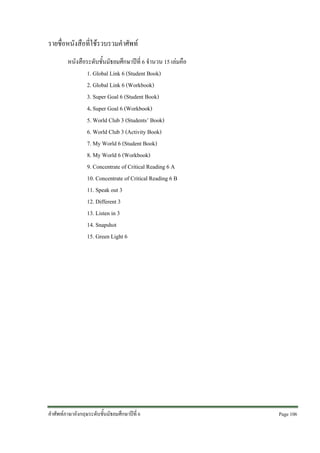 รายชื่อหนังสือที่ใชรวบรวมคําศัพท
หนังสือระดับชั้นมัธยมศึกษาปที่ 6 จํานวน 15 เลมคือ
1. Global Link 6 (Student Book)
2. Global Link 6 (Workbook)
3. Super Goal 6 (Student Book)
4. Super Goal 6 (Workbook)
5. World Club 3 (Students’ Book)
6. World Club 3 (Activity Book)
7. My World 6 (Student Book)
8. My World 6 (Workbook)
9. Concentrate of Critical Reading 6 A
10. Concentrate of Critical Reading 6 B
11. Speak out 3
12. Different 3
13. Listen in 3
14. Snapshot
15. Green Light 6

คําศัพทภาษาอังกฤษระดับชั้นมัธยมศึกษาปที่ 6

Page 106 

 