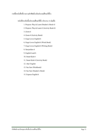 รายชื่อหนังสือที่รวบรวมคําศัพทระดับประถมศึกษาปที่ 6
หนังสือระดับชั้นประถมศึกษาปที่ 6 จํานวน 15 เลมคือ
1. Projects: Play & Learn (Student’s Book 6)
2. Projects: Play & Learn 6 (Activity Book 6)
3. Zoom 6
4. Zoom 6 (Activity Book)
5. Gogo Loves English 6
6. Gogo Loves English 6 (Work Book)
7. Gogo Loves English 6 (Writing Book)
8. Storytellers 6
9. English Land 6
10. Smart Kids 6
11. Smart Kids 6 (Activity Book)
12. Aha! English
13. See Saw (Workbook)
14. See Saw (Student’s Book)
15. Express English 6

คําศัพทภาษาอังกฤษระดับชั้นประถมศึกษาปที่ 6

Page 71 

 
