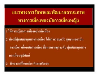 แนวทางการรักษาและพัฒนาสถานะภาพ
ทางการเมืองของนักการเมืองหญิง
1.ใหความรูนักการเมืองอยางตอเนื่อง
2. ตองมีผูสนับสนุนทางการเมือง ไดแก ครอบครัว ชุมชน สถาบัน
การเมือง เพื่อนนักการเมือง สื่อมวลชนทุกระดับ ผูสนับสนุนทาง
การเมือง/อุปถัมภ
3. มีผลงานที่โดดเดน เห็นผลชัดเจน

 