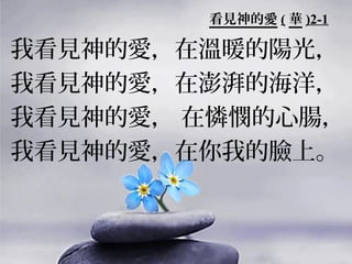 看見神的愛 ( 華 )2-1

我看見神的愛，在溫暖的陽光，
我看見神的愛，在澎湃的海洋，
我看見神的愛， 在憐憫的心腸，
我看見神的愛，在你我的臉上。

 