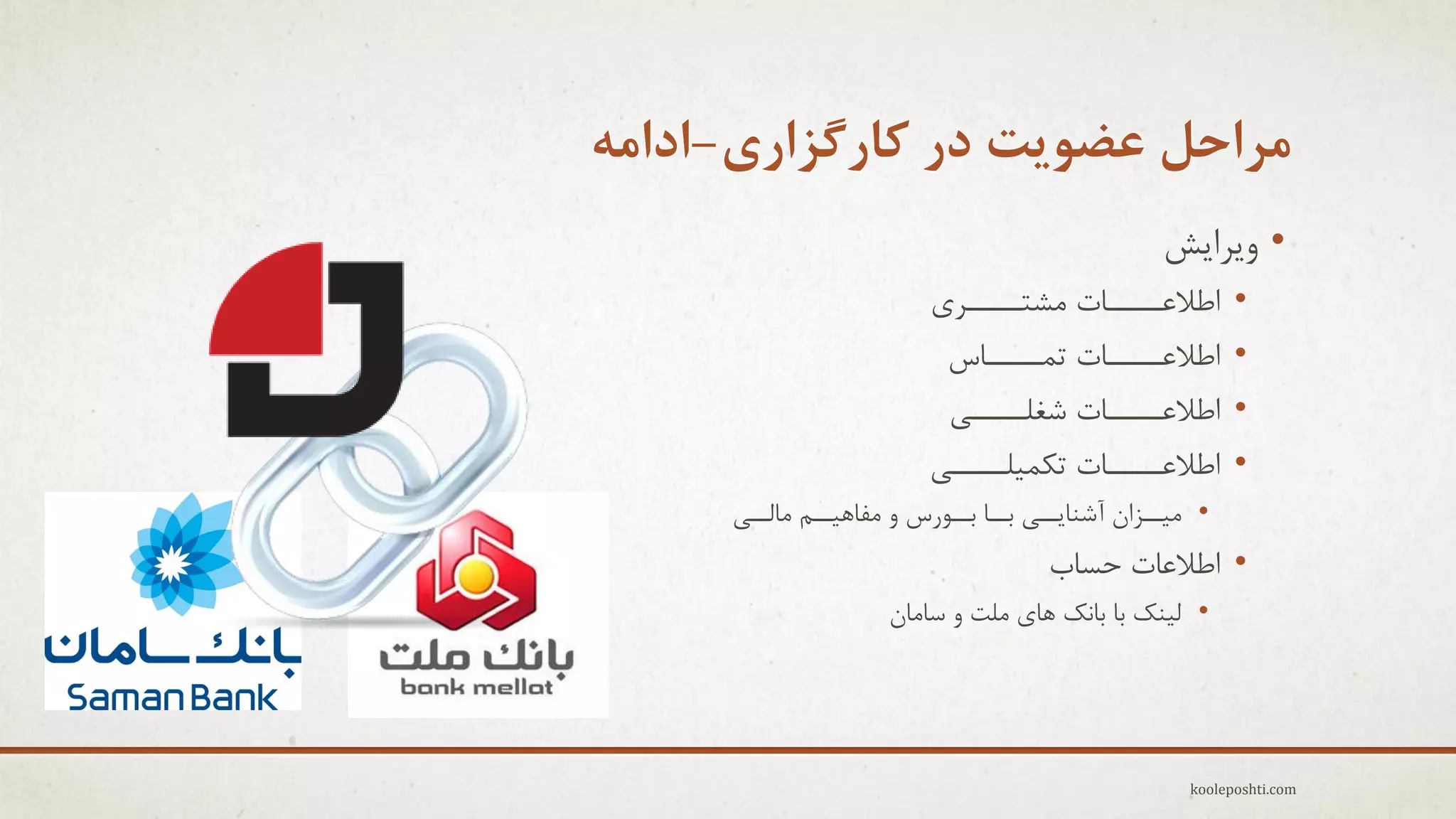 ‫هزاحل عضَیت در کارگشاری-اداهِ‬
‫• ٍٗزاٗؼ‬
‫• اعالػـــــبت هؾتـــــزٕ‬
‫• اعالػـــــبت توـــــبط‬
‫• اعالػـــــبت ؽغلـــــٖ‬
‫• اعالػـــــبت تىو٘لـــــٖ‬
‫• ه٘ــشاى آؽٌبٗــٖ ثــب ثــَرط ٍ هفبّ٘ــن هبلــٖ‬

‫• اعالػبت حغبة‬
‫• لٌ٘ه ثب ثبًه ّبٕ هلت ٍ عبهبى‬

‫‪kooleposhti.com‬‬

 