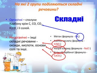 На які 2 групи поділяються складні
речовини?
• Органічні – сполуки
Карбону крім С, СО, СО2,
Н2СО3 і її солей.
• Неорганічні – інші
складні речовини оксиди, кислоти, основи,
солі та інші.

•

Метан (формула - CH4)

•

Азотна кислота (формула H2NO3 )

•
•

Натрій хлорид (формула - NaCl )
Кальцій карбонат (формула CaCO3 )

 