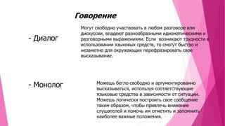Говорение
- Диалог

- Монолог

Могут свободно участвовать в любом разговоре или
дискуссии, владеют разнообразными идиоматическими и
разговорными выражениями. Если возникают трудности в
использовании языковых средств, то смогут быстро и
незаметно для окружающих перефразировать свое
высказывание.

Можешь бегло свободно и аргументированно
высказываться, используя соответствующие
языковые средства в зависимости от ситуации.
Можешь логически построить свое сообщение
таким образом, чтобы привлечь внимание
слушателей и помочь им отметить и запомнить
наиболее важные положения.

 