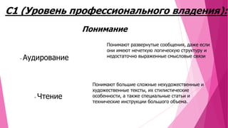 С1 (Уровень профессионального владения):
Понимание

-

Аудирование

-

Чтение

Понимают развернутые сообщения, даже если
они имеют нечеткую логическую структуру и
недостаточно выраженные смысловые связи

Понимают большие сложные нехудожественные и
художественные тексты, их стилистические
особенности, a также специальные статьи и
технические инструкции большого объема.

 