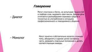 Говорение
- Диалог

- Монолог

Могут спонтанно и бегло, не испытывая трудностей
в подборе слов, выражать свои мысли. Данная речь
отличается разнообразием языковых средств и
точностью их употребления в ситуациях
профессионального и повседневного общения.

Могут понятно и обстоятельно излагать сложные
темы, объединять в единое целое составные
части, развивать отдельные положения и делать
соответствующие выводы.

 