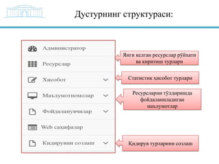 Дустурнинг структураси:

Ресурслар

Янги келган ресурслар рўйхати
ва киритиш турлари

Статистик ҳисобот турлари
Ресурсларни тўлдиришда
фойдаланиладиган
маълумотлар

Қидирув турларини созлаш

 