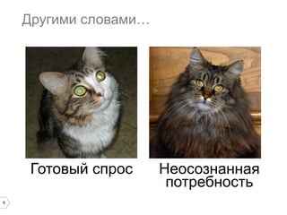 Другими словами…

Готовый спрос
6

Неосознанная
потребность

 