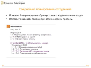 Ежедневное планирование сотрудников
• Помогает быстро получать обратную связь о ходе выполнения задач
• Помогает оказывать помощь при возникновении проблем

10

2013

 