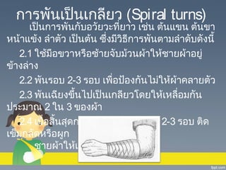 การพันเป็นเกลียว (Spiral turns)

เป็นการพันกับอวัยวะที่ยาว เช่น ต้นแขน ต้นขา
หน้าแข้ง ลำาตัว เป็นต้น ซึ่งมีวิธีการพันตามลำาดับดังนี้
2.1 ใช้มือขวาหรือซ้ายจับม้วนผ้าให้ชายผ้าอยู่
ข้างล่าง
2.2 พันรอบ 2-3 รอบ เพื่อป้องกันไม่ให้ผาคลายตัว
้
2.3 พันเฉียงขึ้นไปเป็นเกลียวโดยให้เหลื่อมกัน
ประมาณ 2 ใน 3 ของผ้า
2.4 เมือสินสุดการพันให้พันรอบ อีก 2-3 รอบ ติด
่ ้
เข็มกลัดหรือผูก
ชายผ้าให้เรียบร้อย

 