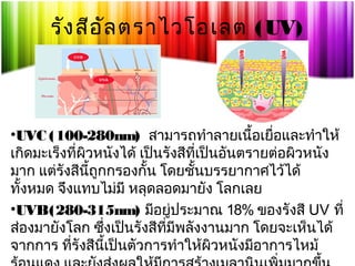 รัง สีอ ัล ตราไวโอเลต (UV)

•UVC (100-280nm) สามารถทำาลายเนื้อเยื่อและทำาให้
เกิดมะเร็งทีผิวหนังได้ เป็นรังสีทเป็นอันตรายต่อผิวหนัง
่
ี่
มาก แต่รังสีนถูกกรองกั้น โดยชั้นบรรยากาศไว้ได้
ี้
ทั้งหมด จึงแทบไม่มี หลุดลอดมายัง โลกเลย
•UVB(280-315nm) มีอยู่ประมาณ 18% ของรังสี UV ที่
ส่องมายังโลก ซึ่งเป็นรังสีที่มีพลังงานมาก โดยจะเห็นได้
จากการ ทีรังสีนเป็นตัวการทำาให้ผวหนังมีอาการไหม้
่
ี้
ิ

 