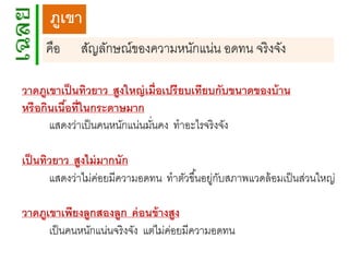 ภูเขา
คือ

สัญลักษณ์ของความหนักแน่น อดทน จริ งจัง

วาดภูเขาเป็ นทิวยาว สูงใหญ่ เมื่อเปรี ยบเทียบกับขนาดของบ้ าน
หรื อกินเนือที่ในกระดาษมาก
้
แสดงว่าเป็ นคนหนักแน่นมันคง ทาอะไรจริงจัง
่
เป็ นทิวยาว สูงไม่ มากนัก
แสดงว่าไม่คอยมีความอดทน ทาตัวขึ ้นอยูกบสภาพแวดล้ อมเป็ นส่วนใหญ่
่
่ ั
วาดภูเขาเพียงลูกสองลูก ค่ อนข้ างสูง
เป็ นคนหนักแน่นจริ งจัง แต่ไม่คอยมีความอดทน
่

 